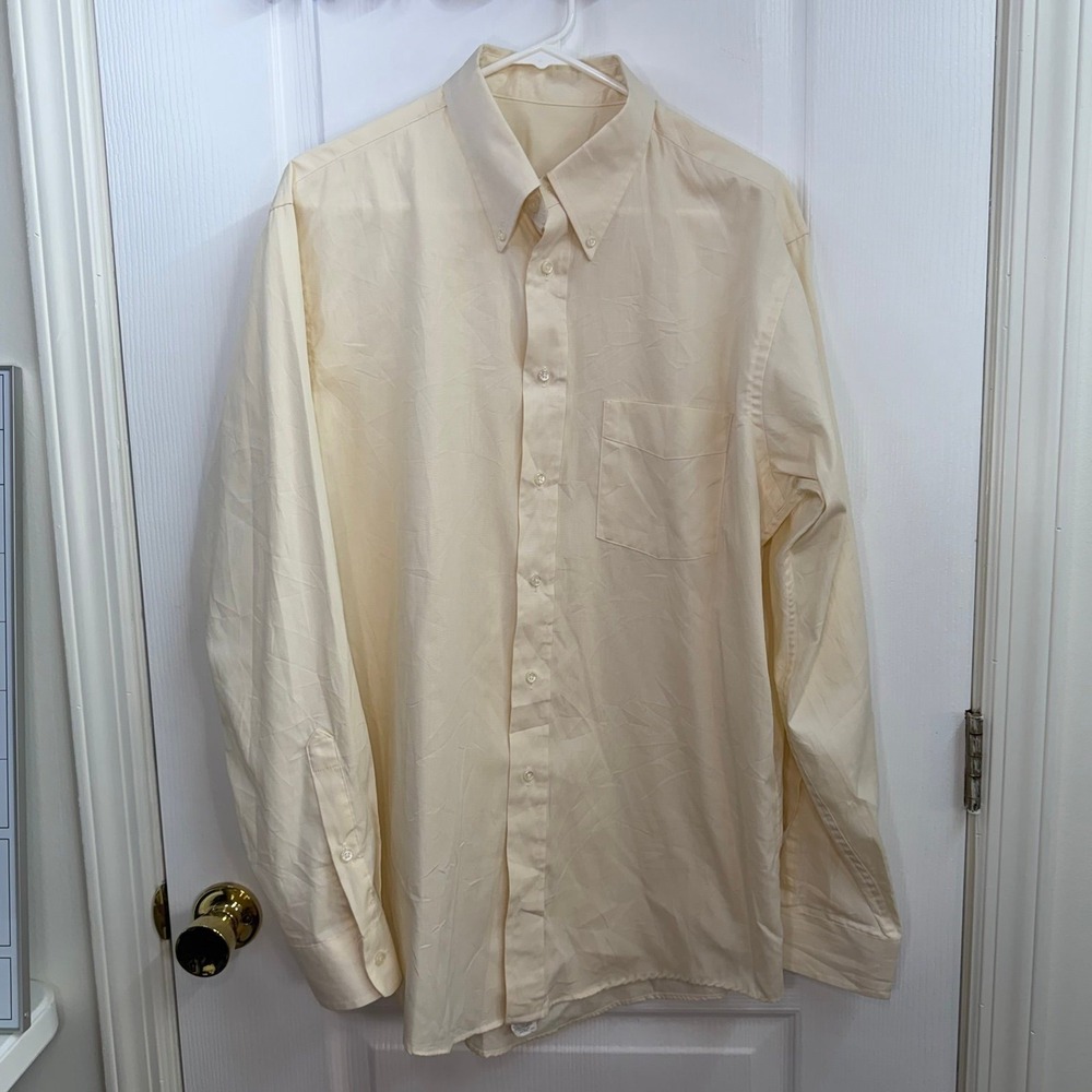 Adult yellowish beige collared cotton blend long sleeve button down dress shirt